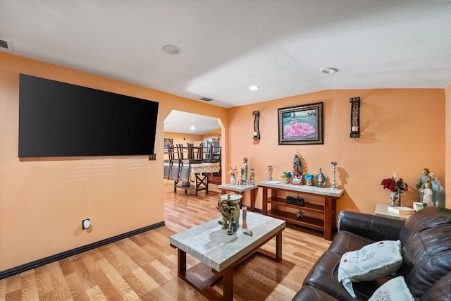 1017 S Newark Ave, Fort Worth, TX 76105 - living area with light wood finished floors, arched walkways, vaulted ceiling, and baseboards