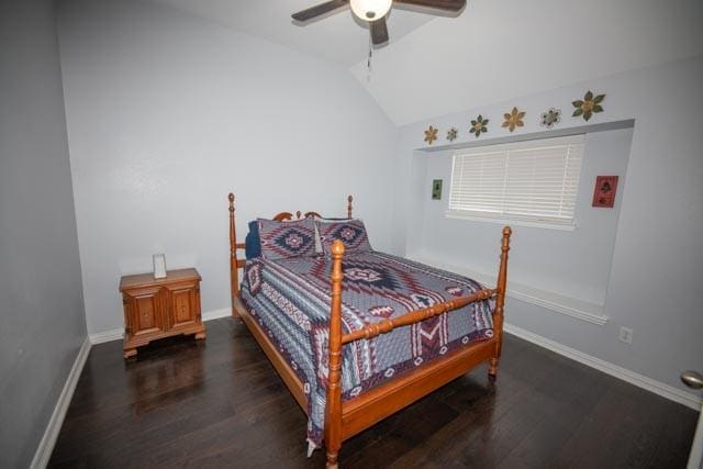 107 Harvest Way, Crandall, TX 75114 - bedroom featuring vaulted ceiling, wood finished floors, ceiling fan, and baseboards