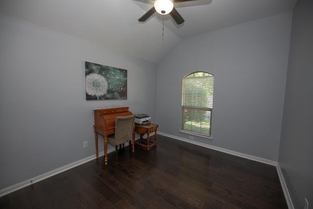 107 Harvest Way, Crandall, TX 75114 - office with wood finished floors, ceiling fan, vaulted ceiling, and baseboards