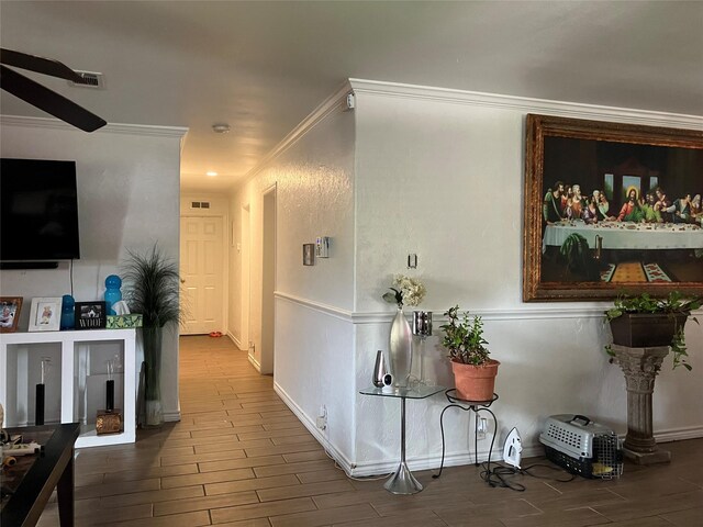 4531 Blackstone Dr, Fort Worth, TX 76114 - corridor with wood finished floors, crown molding, and baseboards