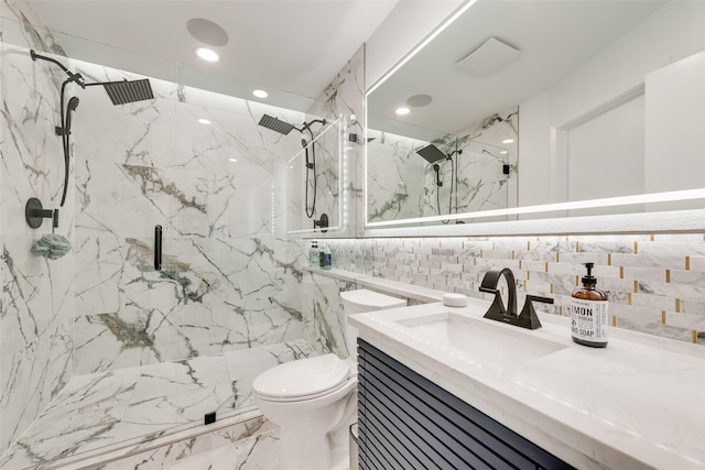 13156 Burninglog Ln, Dallas, TX 75243 - full bath with tile walls, toilet, marble tiled flooring, a marble finish shower, and vanity