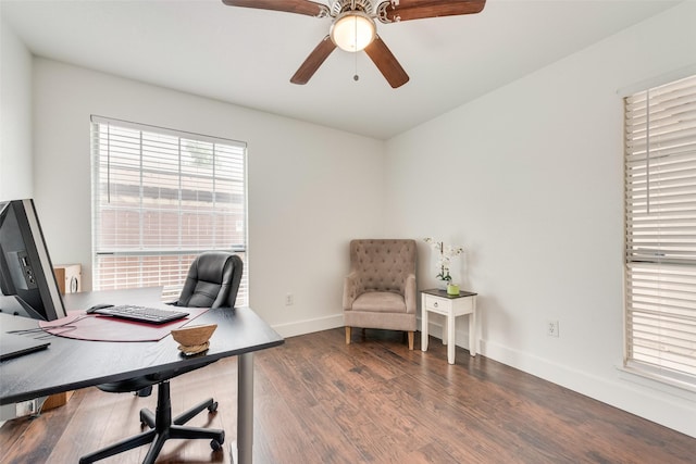 13156 Burninglog Ln, Dallas, TX 75243 - home office featuring wood finished floors, ceiling fan, and baseboards