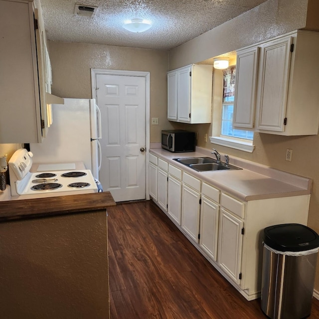 611 N Lamar St, Tioga, TX 76271 - kitchen featuring a sink, white appliances, a textured ceiling, dark wood-style flooring, and white cabinetry