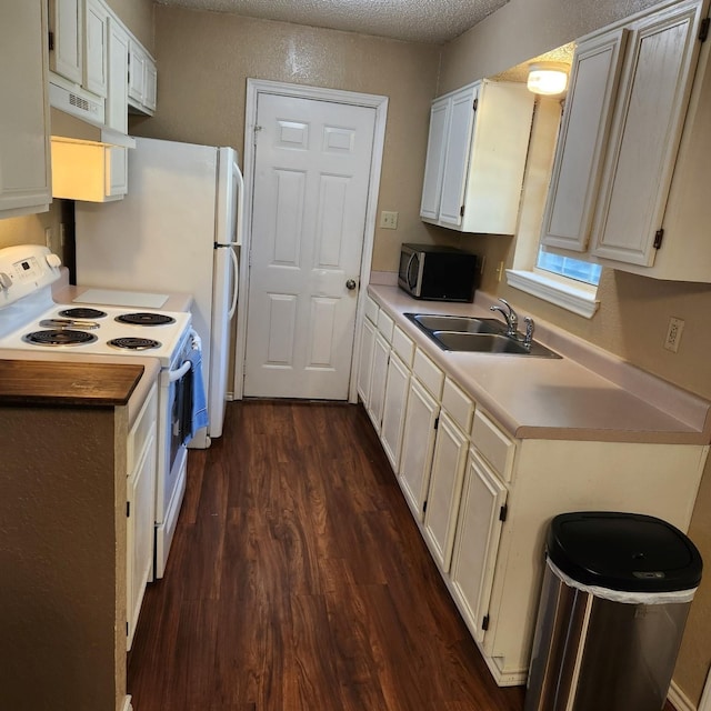 611 N Lamar St, Tioga, TX 76271 - kitchen with white electric stove, stainless steel microwave, a sink, dark wood-type flooring, and light countertops