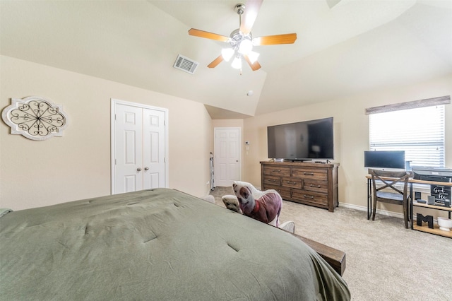 2113 Old Foundry Rd, Weatherford, TX 76087 - bedroom featuring carpet floors, lofted ceiling, baseboards, ceiling fan, and a closet