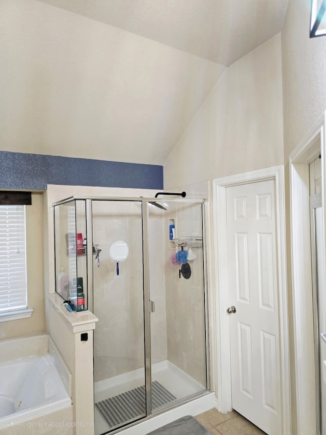 2113 Old Foundry Rd, Weatherford, TX 76087 - bathroom with a stall shower, a whirlpool tub, tile patterned floors, and vaulted ceiling