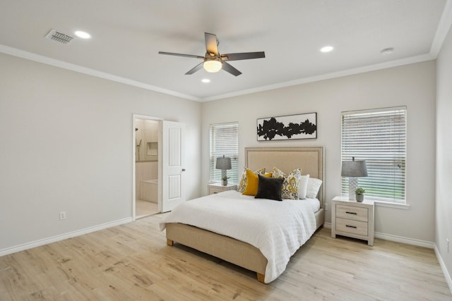 12350 Orloff Dr, Rhome, TX 76078 - bedroom featuring ornamental molding, light wood-type flooring, baseboards, recessed lighting, and ensuite bath