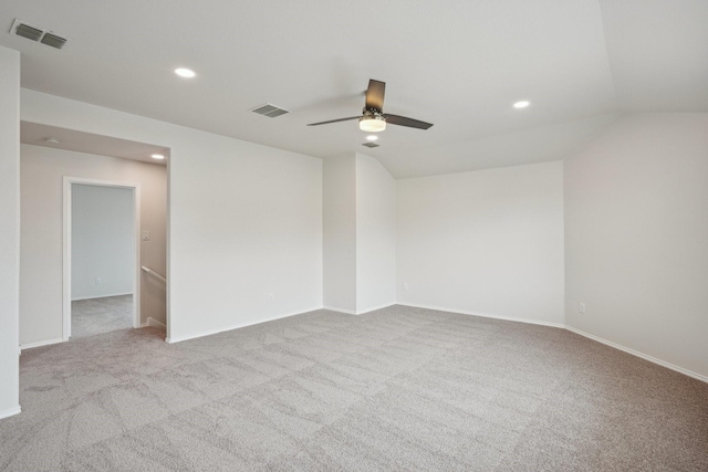 12350 Orloff Dr, Rhome, TX 76078 - spare room featuring carpet flooring, ceiling fan, recessed lighting, baseboards, and lofted ceiling