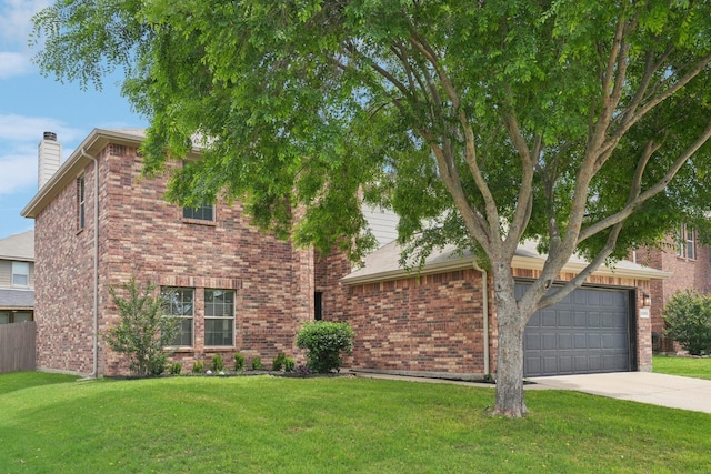 12350 Orloff Dr, Rhome, TX 76078 - view of front of home with concrete driveway, an attached garage, a front lawn, and a chimney