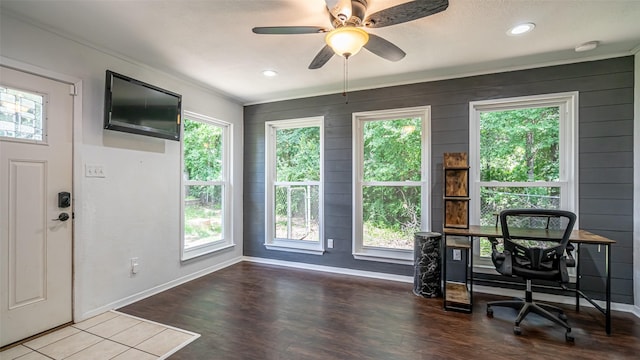 8147 Fawn Cir, Granbury, TX 76049 - office with wood finished floors, baseboards, ceiling fan, and recessed lighting