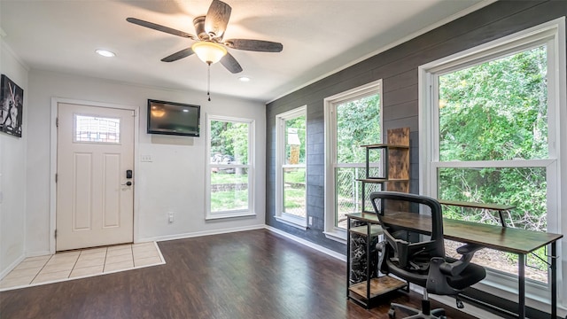 8147 Fawn Cir, Granbury, TX 76049 - entryway featuring plenty of natural light, baseboards, ceiling fan, wood finished floors, and crown molding