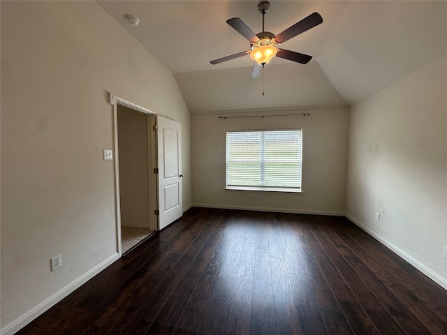 4601 Shy Creek Ln, Denton, TX 76207 - empty room featuring a ceiling fan, vaulted ceiling, baseboards, a smoke detector, and hardwood / wood-style floors