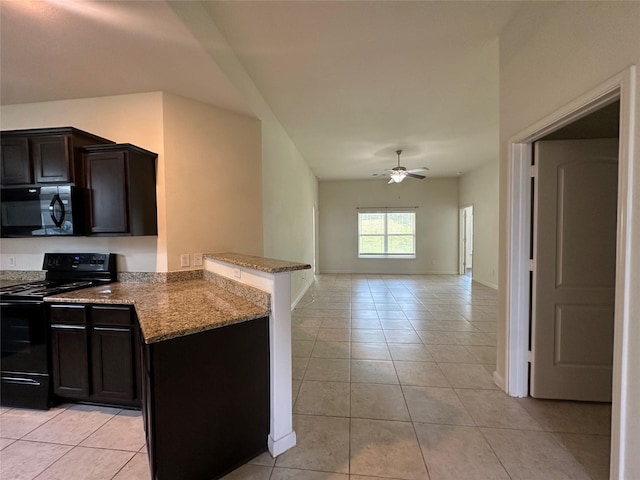 4601 Shy Creek Ln, Denton, TX 76207 - kitchen featuring black appliances, light tile patterned flooring, a peninsula, and a ceiling fan