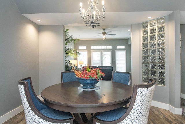 4040 Avondale Ave Unit 302, Dallas, TX 75219 - dining room featuring baseboards, wood finished floors, a ceiling fan, a chandelier, and recessed lighting