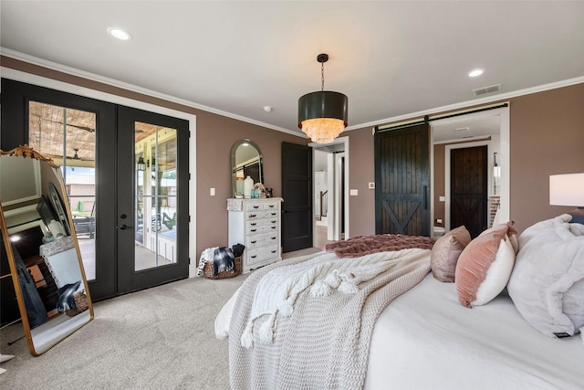 1299 Harmony Cir, Weatherford, TX 76087 - carpeted bedroom featuring a barn door, access to outside, french doors, crown molding, and recessed lighting
