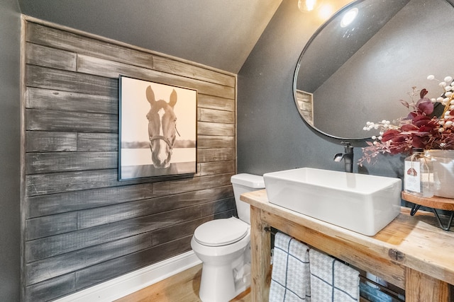 1299 Harmony Cir, Weatherford, TX 76087 - bathroom featuring toilet, vanity, vaulted ceiling, and wooden walls