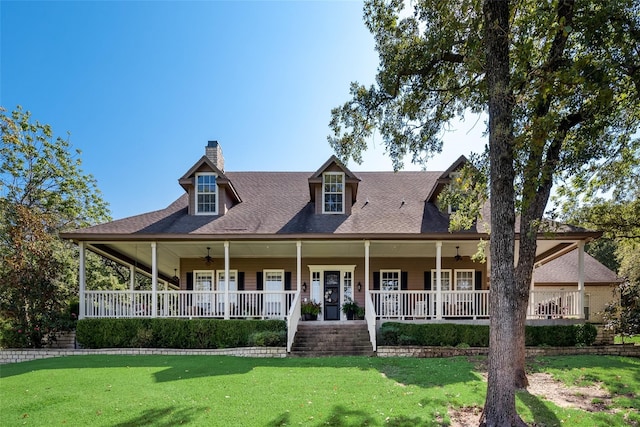 3325 Creek Rd, Keller, TX 76248 - view of front of house featuring a chimney, covered porch, a front yard, ceiling fan, and roof with shingles