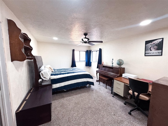 7016 Buttonwood Dr, Fort Worth, TX 76137 - carpeted bedroom featuring a textured ceiling, an office area, a ceiling fan, and recessed lighting