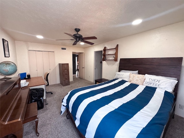 7016 Buttonwood Dr, Fort Worth, TX 76137 - bedroom with carpet flooring, a textured ceiling, recessed lighting, and ceiling fan