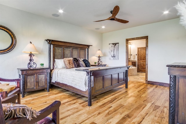 1633 Scenic Dr Unit 201, Graford, TX 76449 - bedroom with light wood-style floors, recessed lighting, baseboards, ensuite bathroom, and ceiling fan