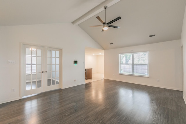 3001 Rocking Hills Trl, Forney, TX 75126 - unfurnished living room featuring french doors, beam ceiling, ceiling fan, dark wood-style floors, and high vaulted ceiling