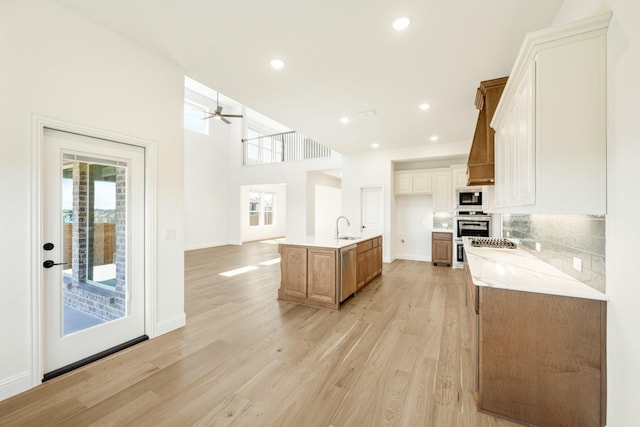 1024 Emerald Trace Dr, Justin, TX 76247 - kitchen with a sink, stainless steel appliances, light wood-style floors, ceiling fan, and backsplash