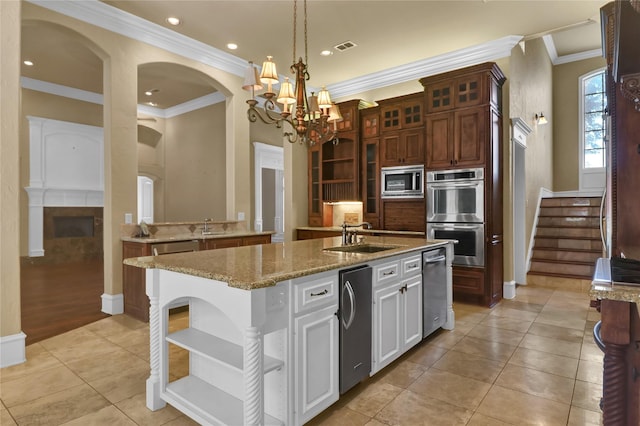 6805 Castle Pines Ct, Tyler, TX 75703 - kitchen featuring open shelves, a sink, stainless steel appliances, glass insert cabinets, and crown molding