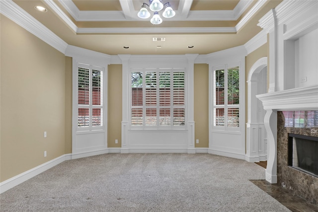 6805 Castle Pines Ct, Tyler, TX 75703 - unfurnished living room with ornamental molding, coffered ceiling, a high end fireplace, carpet, and a chandelier