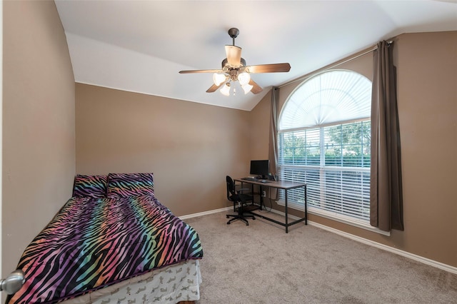 112 Glen Ridge Dr, Murphy, TX 75094 - bedroom featuring vaulted ceiling, carpet floors, a desk, baseboards, and a ceiling fan