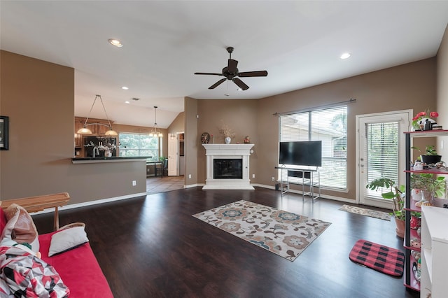 112 Glen Ridge Dr, Murphy, TX 75094 - living room with wood finished floors, recessed lighting, a ceiling fan, baseboards, and vaulted ceiling