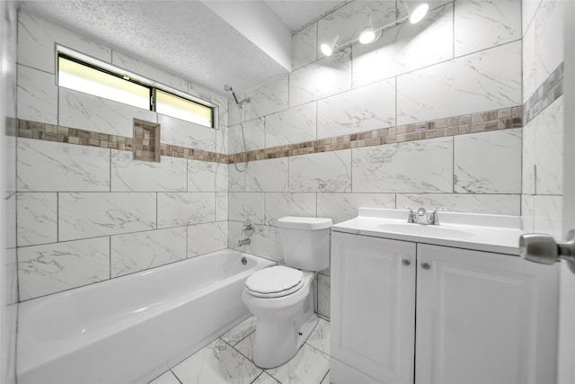 1204 Oak Park Dr, Dallas, TX 75232 - full bath with toilet,  shower combination, marble finish floors, vanity, and tile walls