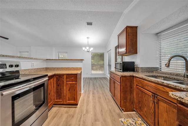 1204 Oak Park Dr, Dallas, TX 75232 - kitchen with stainless steel range with electric cooktop, a sink, light wood-style floors, a chandelier, and a textured ceiling