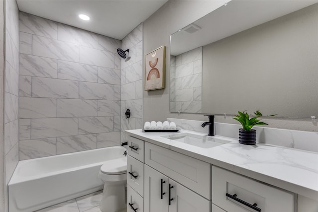 bathroom with marble look tiles, toilet, vanity, shower / bath combination, and recessed lighting