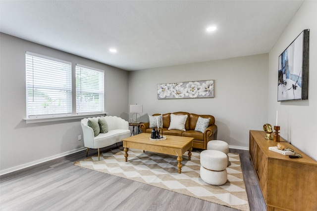 living area featuring wood finished floors, baseboards, and recessed lighting