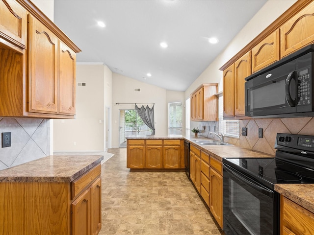 7404 Sunray Dr, Fort Worth, TX 76120 - kitchen featuring black appliances, a sink, a peninsula, tasteful backsplash, and brown cabinets
