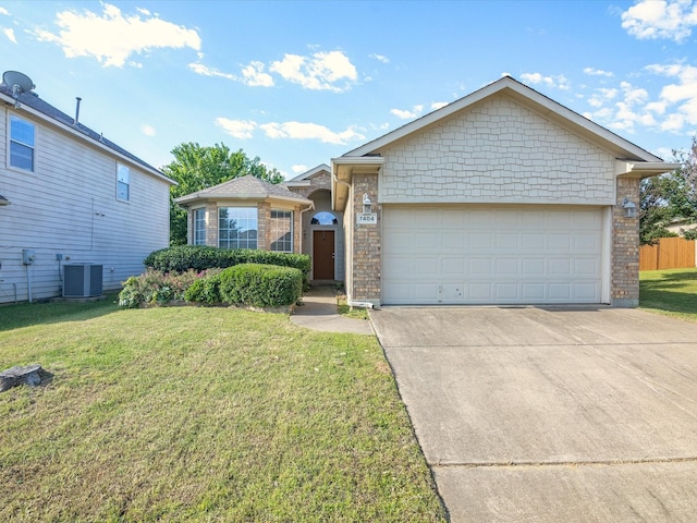 7404 Sunray Dr, Fort Worth, TX 76120 - ranch-style home with central AC, concrete driveway, a front yard, brick siding, and a garage