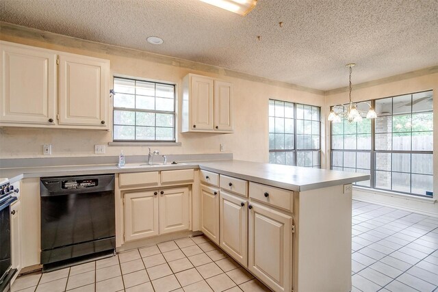 3941 Devonaire Dr, Fort Worth, TX 76008 - kitchen with dishwasher, a peninsula, a textured ceiling, light tile patterned flooring, and a sink