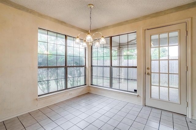 3941 Devonaire Dr, Fort Worth, TX 76008 - unfurnished dining area with a textured ceiling, a chandelier, and light tile patterned floors