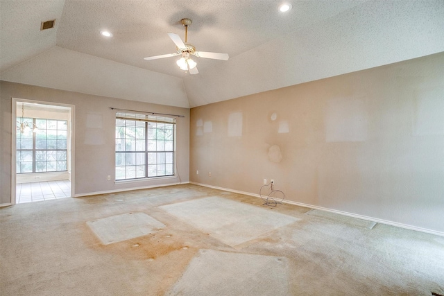 3941 Devonaire Dr, Fort Worth, TX 76008 - empty room with ceiling fan, carpet, baseboards, lofted ceiling, and recessed lighting