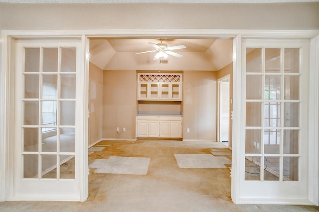 3941 Devonaire Dr, Fort Worth, TX 76008 - interior space featuring vaulted ceiling, carpet flooring, a ceiling fan, and baseboards