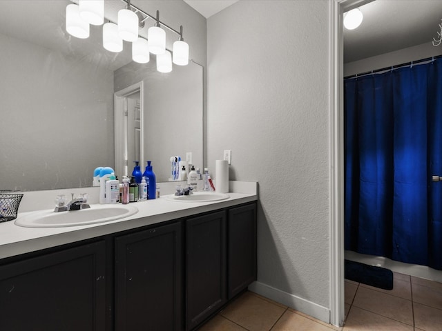 1429 Trading Post Dr, Fort Worth, TX 76131 - bathroom featuring tile patterned floors, double vanity, and a shower with curtain