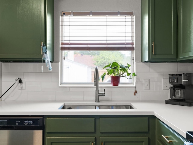 1429 Trading Post Dr, Fort Worth, TX 76131 - kitchen with green cabinets, stainless steel dishwasher, a sink, tasteful backsplash, and light countertops