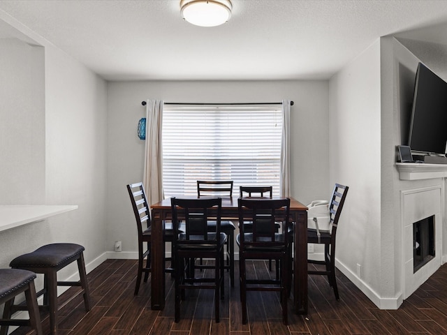 1429 Trading Post Dr, Fort Worth, TX 76131 - dining space featuring dark wood-style floors, baseboards, and a fireplace
