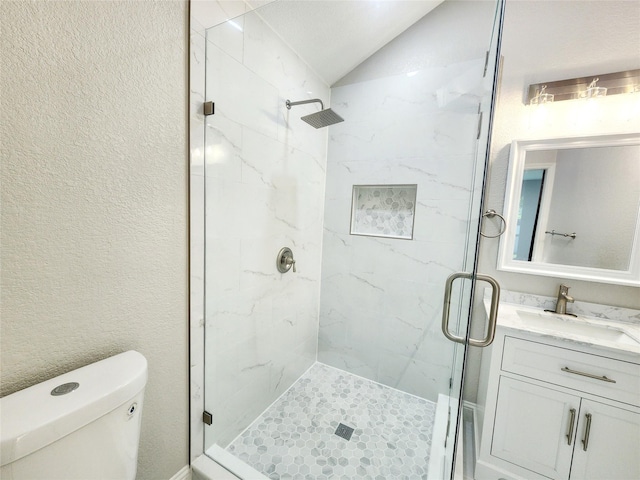 227 Rodeo Dr, Keller, TX 76248 - bathroom with a marble finish shower, vanity, toilet, vaulted ceiling, and a textured wall
