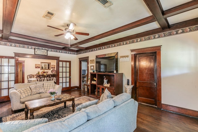 1735 Marburg St, Dallas, TX 75215 - living room with baseboards, ceiling fan, dark wood-type flooring, coffered ceiling, and beamed ceiling