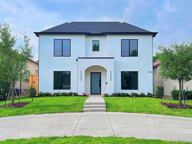 2935 Lovers Ln, University Park, TX 75225 - view of front of house with stucco siding, a front lawn, and a shingled roof