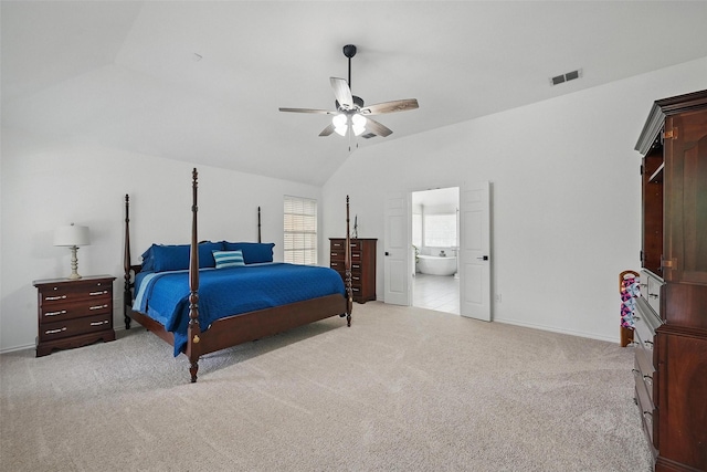 1500 Cool Springs Dr, Allen, TX 75013 - carpeted bedroom featuring lofted ceiling, baseboards, ceiling fan, and ensuite bathroom