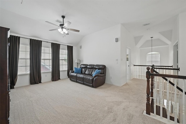 1500 Cool Springs Dr, Allen, TX 75013 - living area featuring vaulted ceiling, carpet floors, a ceiling fan, and baseboards