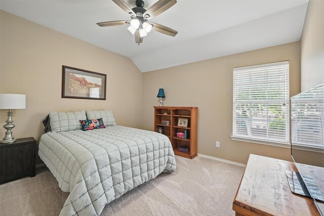 1500 Cool Springs Dr, Allen, TX 75013 - bedroom featuring light colored carpet, baseboards, vaulted ceiling, and a ceiling fan