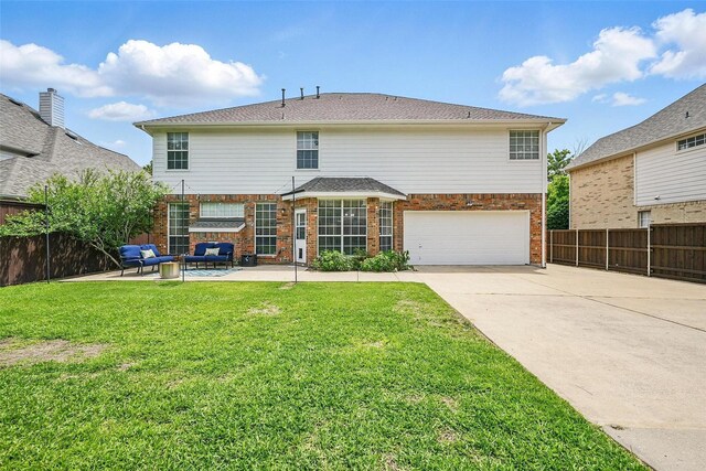 1500 Cool Springs Dr, Allen, TX 75013 - back of house featuring an outdoor hangout area, a garage, brick siding, concrete driveway, and a patio area